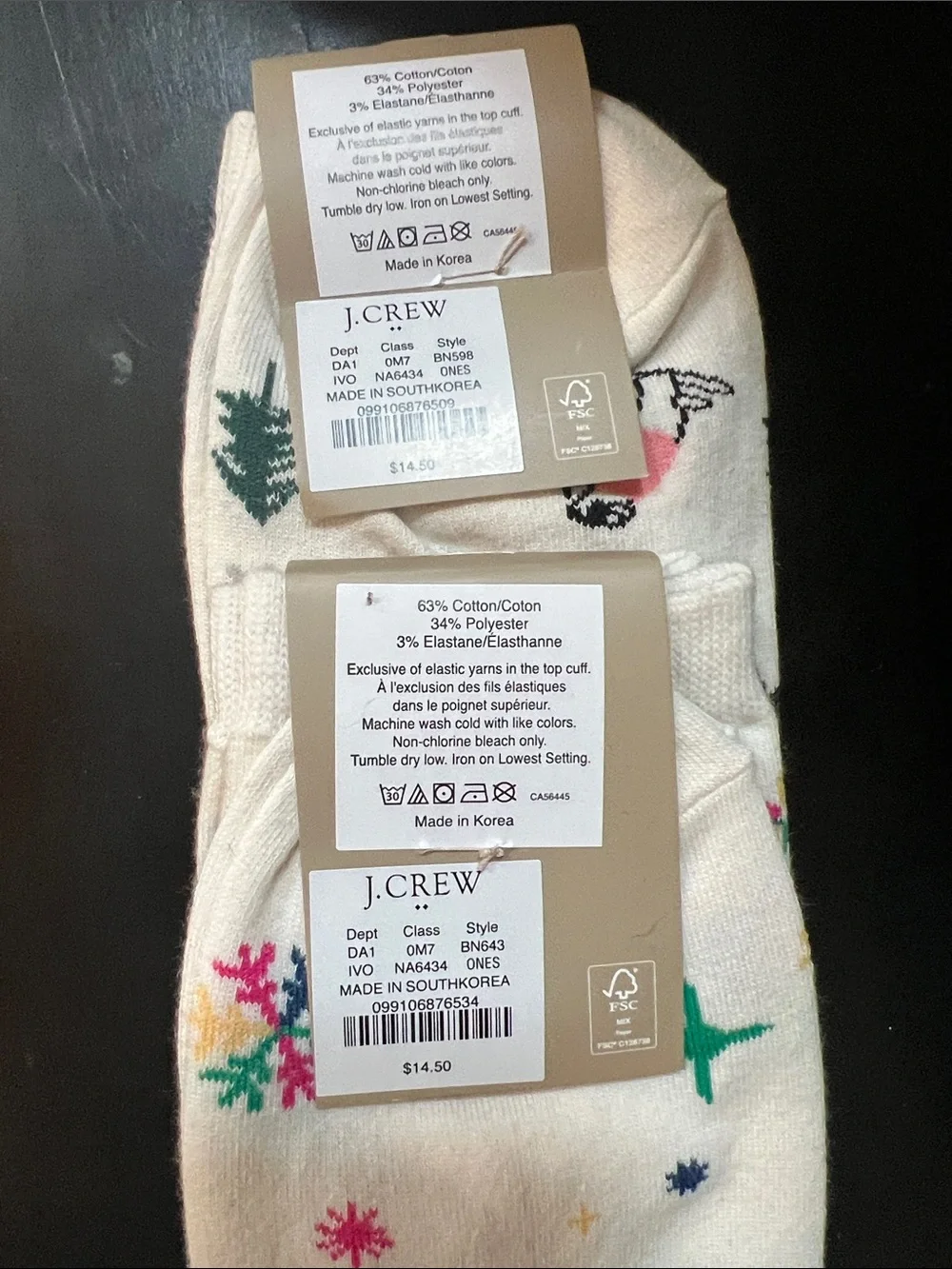 J. Crew White Trouser Socks with Multicolor Snowflake & Penguin Motifs